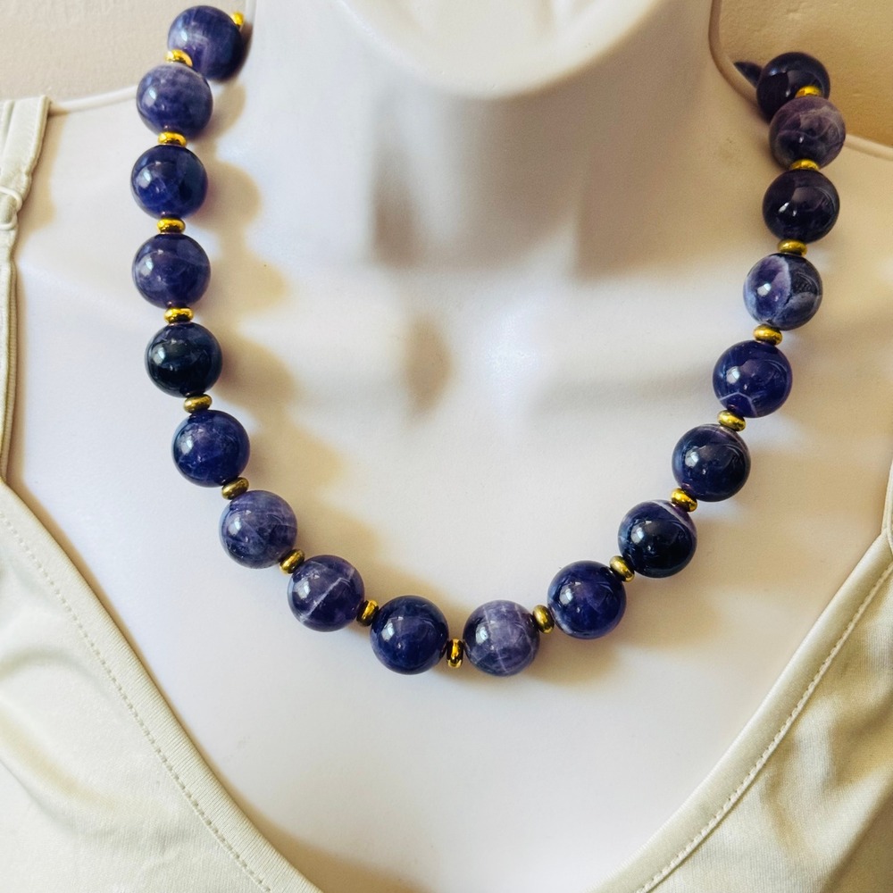 Stauer Large Amethyst Stone Necklace Round Beads Statement Italy 925 Sterling